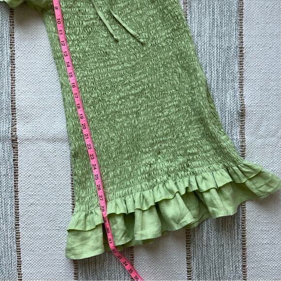 Faithfull The Brand Green 100% Linen Short Puff Sleeve Smocked Mini Dress 8 - Picture 7 of 16